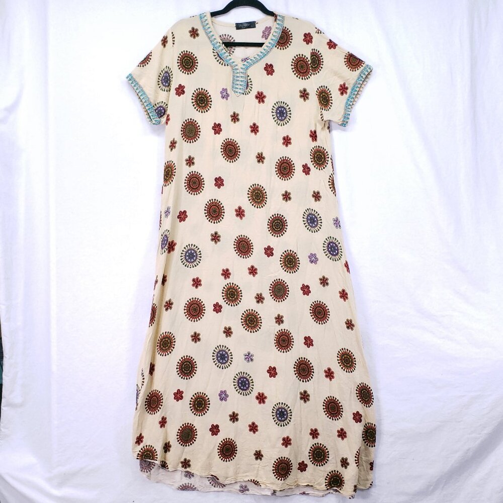 Fanda Beige Colorful Floral Print Relaxed Boho  Moo Moo Dress XL